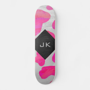Monogram Cow Hot Pink and White Print Skateboard