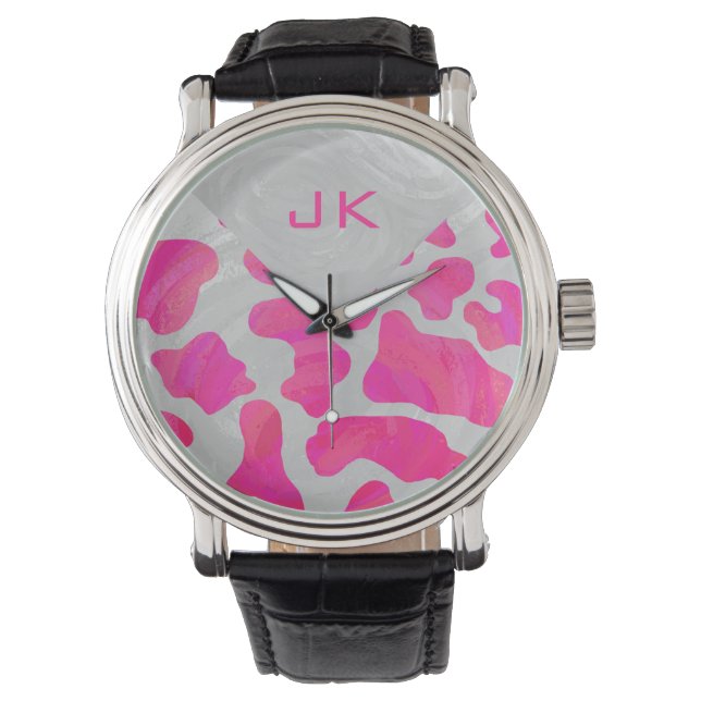 Monogram Cow Hot Pink and White Print Watch (Front)