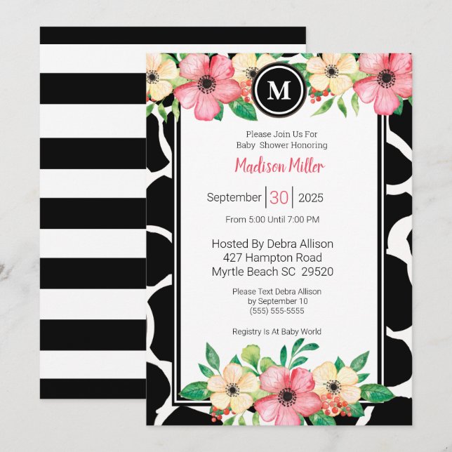  Monogram Cowprint Floral Baby Shower Coral Yellow Invitation (Front/Back)