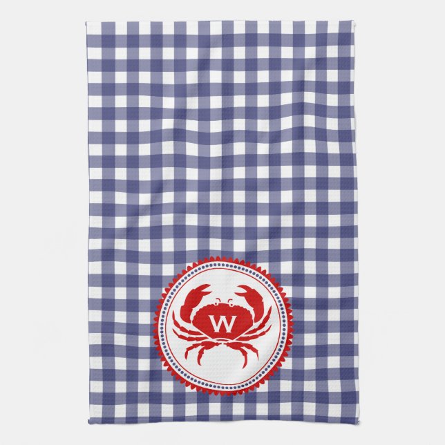 Monogram Crab & Blue Gingham Kitchen Towel (Vertical)