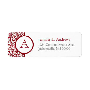 Monogram Cranberry Damask Return Address Labels