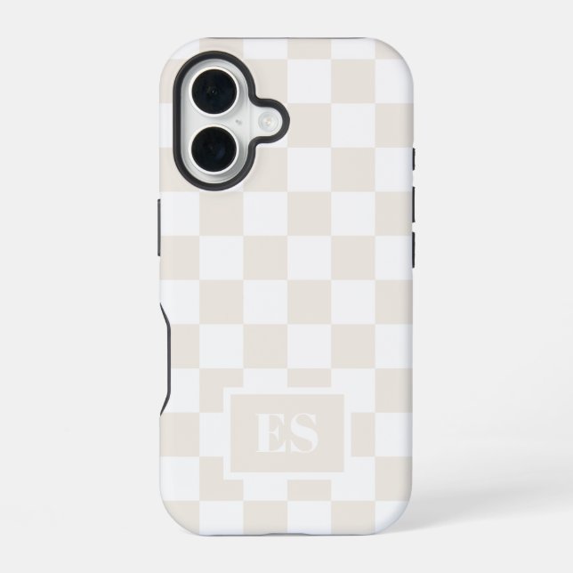 Monogram Cream and White Chequered Pattern iPhone 16 Case (Back)