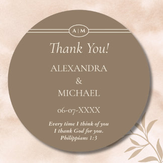 Monogram Cream Brown Christian Wedding Thank You Classic Round Sticker