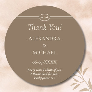Monogram Cream Taupe Christian Wedding Thank You Classic Round Sticker