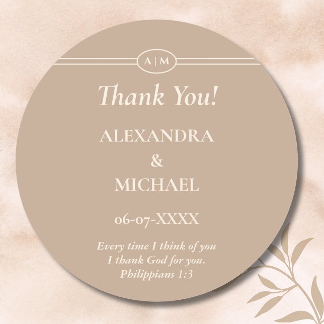 Monogram Cream Taupe Christian Wedding Thank You Classic Round Sticker (Creator Uploaded)