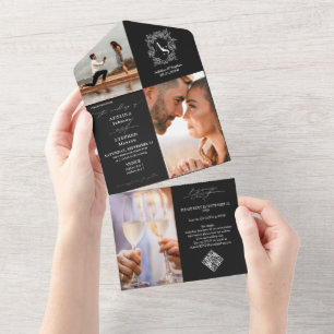 Monogram Crest 3 Photo QR Code Black White Wedding All In One Invitation