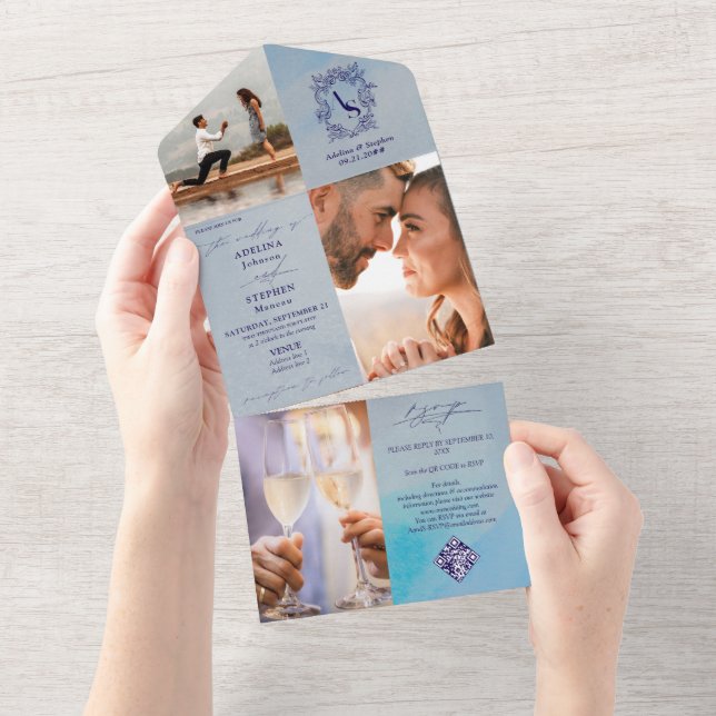 Monogram Crest 3 Photo QR Code Preppy Blue Wedding All In One Invitation (Tearaway)