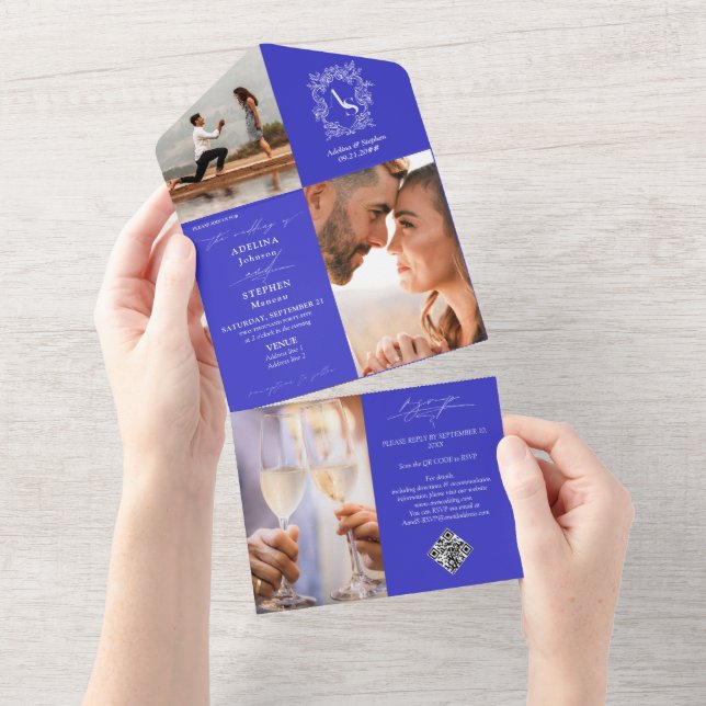 Monogram Crest 3 Photo QR Code Royal Blue Wedding All In One Invitation (Tearaway)