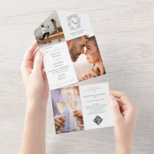 Monogram Crest 3 Photo QR Code Sage Green Wedding All In One Invitation