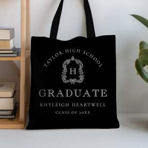 Monogram Crest Black and White Graduation Tote Bag