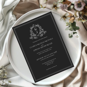 Monogram Crest Black and White Minimalist Wedding Invitation