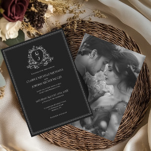 Monogram Crest Black and White Photo Wedding Invitation