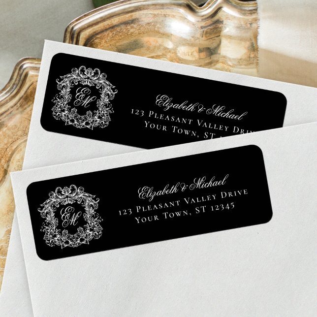Monogram Crest Black Wedding Return Address Label (Creator Uploaded)