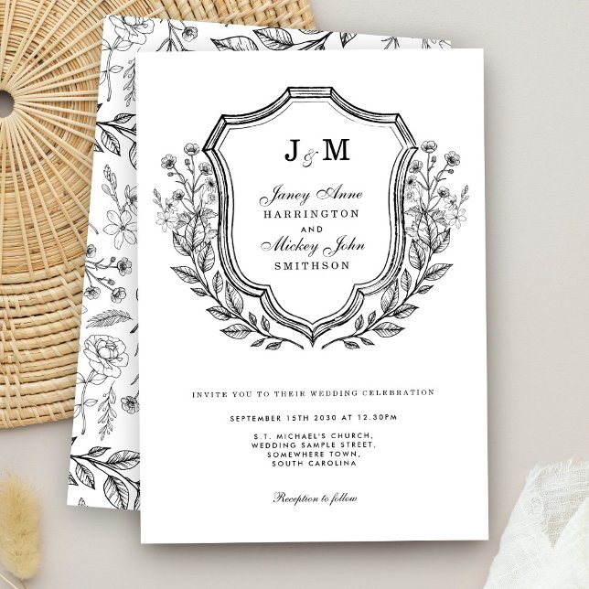 Monogram Crest Black White Wedding Invitation (Creator Uploaded)