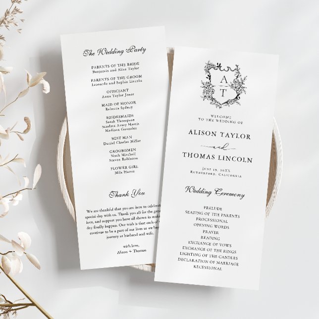 Monogram Crest Black | White Wedding Program Card (Creator Uploaded)