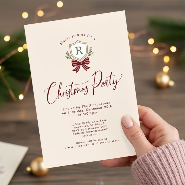 Monogram Crest Bow Christmas Party Invitations (Creator Uploaded)