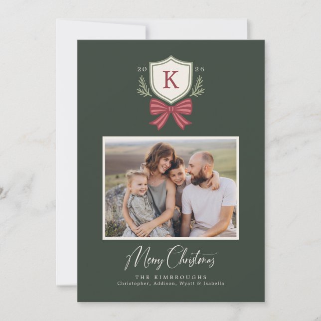 Monogram Crest Bow Photo Christmas Card (Front)