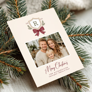 Monogram Crest Bow Photo Christmas Card