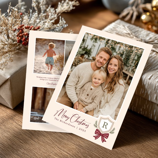 Monogram Crest Bow Photo Christmas Card (Front and Back)