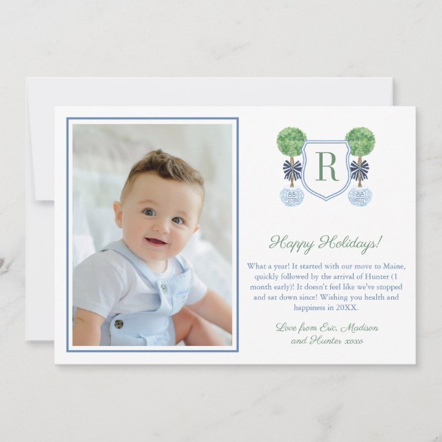 Monogram Crest Boxwood Happy Holidays Photo Holiday Card (Front)