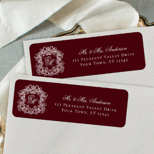 Monogram Crest Burgundy Wedding Return Address Label