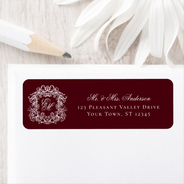 Monogram Crest Burgundy Wedding Return Address Return Address Label (Insitu)