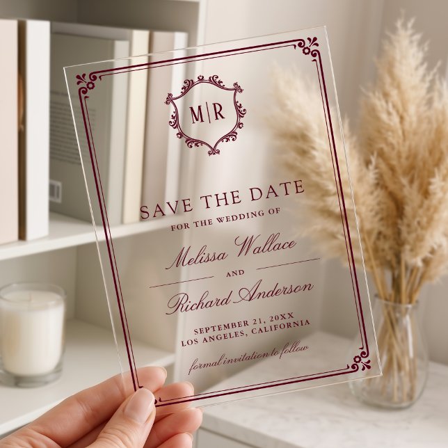 Monogram Crest Burgundy Wedding Save the Date Acrylic Invitations (Creator Uploaded)