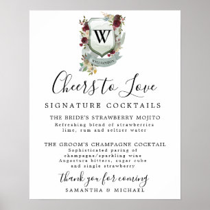 Monogram Crest Cocktail Wedding Bar Sign