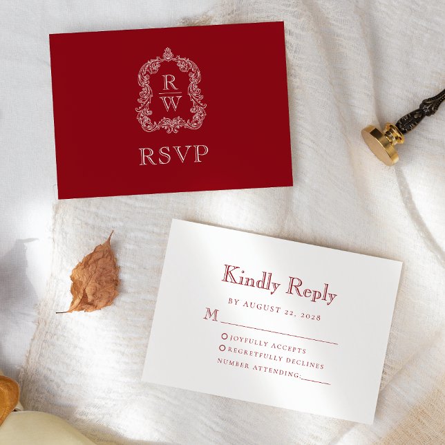 Monogram Crest Cranberry Red Wedding RSVP Card (Creator Uploaded)