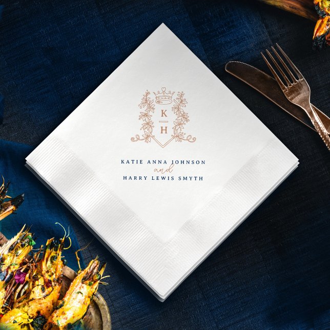 Monogram crest crown white rose gold wedding  napkin (Creator Uploaded)