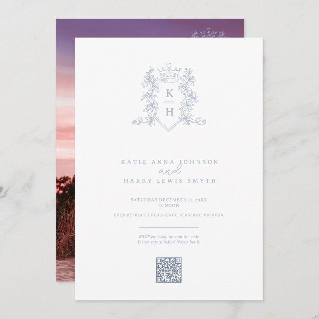 Monogram crest crown white silver wedding QR code Invitation (Front/Back)