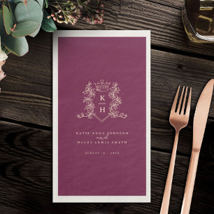 Monogram crest crown wine red peach wedding napkin