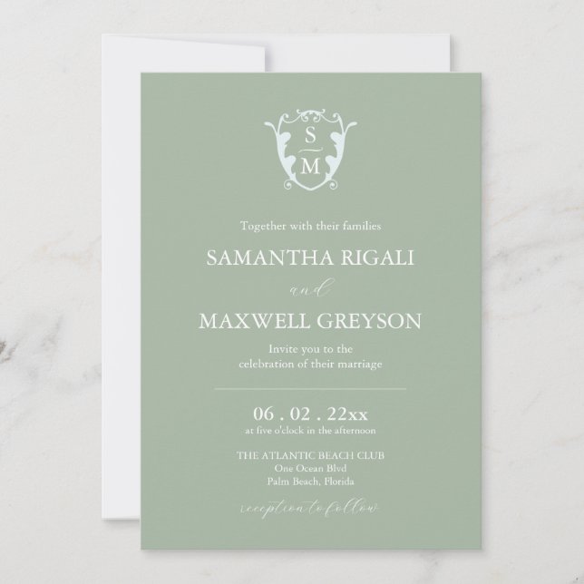 Monogram Crest Customisable Sage Green Wedding Invitation (Front)
