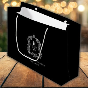 Monogram Crest Dusty Black and White Wedding Large Gift Bag