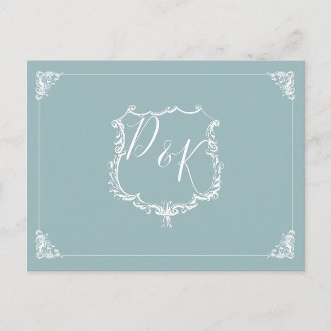Monogram Crest Dusty blue Wedding rsvp Postcard (Front)