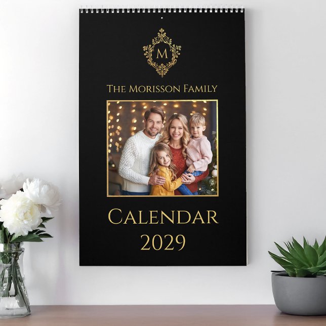 Monogram Crest Elegant Black and Gold Family Photo Calendar (Creator Uploaded)