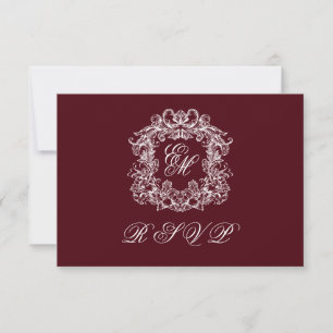 Monogram Crest Elegant Burgundy Wedding RSVP Card