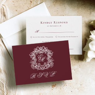 Monogram Crest Elegant Burgundy Wedding RSVP Card
