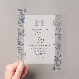 Monogram Crest Elegant French Blue Wedding Acrylic Invitations
