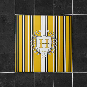 Monogram Crest Elegant Yellow Stripe Family Name Ceramic Tile