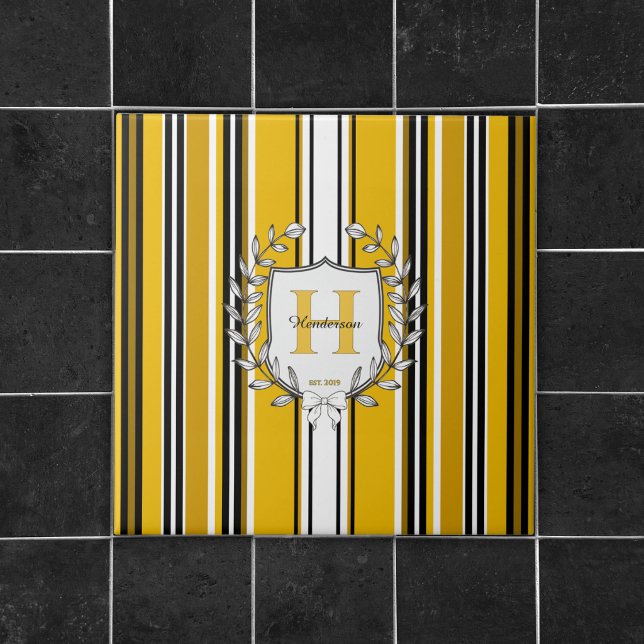 Monogram Crest Elegant Yellow Stripe Family Name Ceramic Tile (Creator Uploaded)