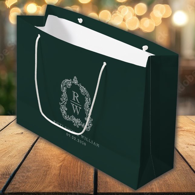 Monogram Crest Forest Green Wedding Large Gift Bag (Creator Uploaded)
