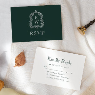Monogram Crest Forest Green Wedding RSVP Card
