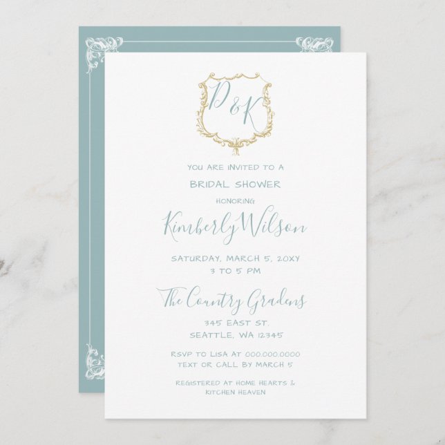 Monogram Crest Gold Dusty blue Bridal Shower Invitation (Front/Back)