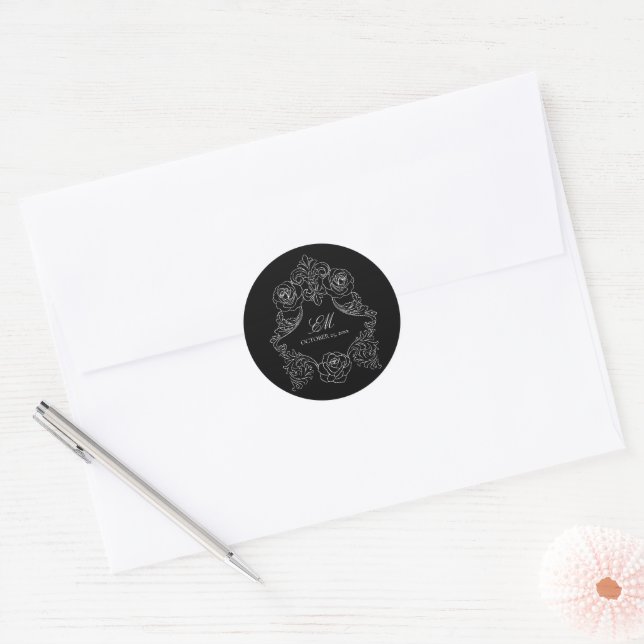 Monogram Crest Gothic Black & White Wedding Classic Round Sticker (Envelope)