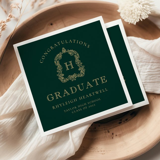 Monogram Crest Green Gold Graduation Party Napkin (Creator Uploaded)