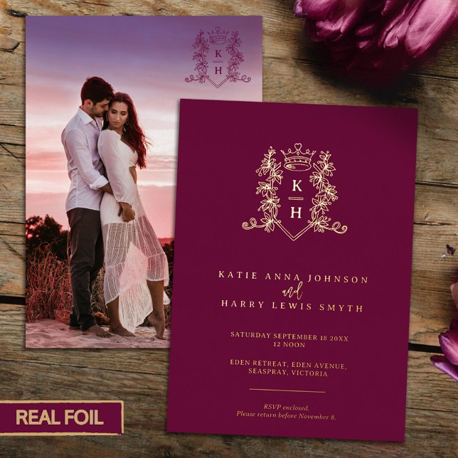 Monogram crest heart crown dark wine red wedding (Creator Uploaded)