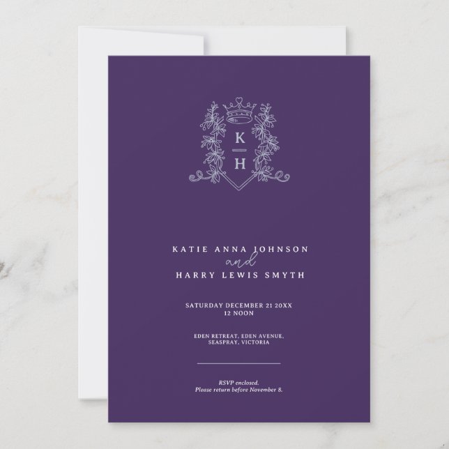 Monogram crest heart crown purple silver wedding invitation (Front)