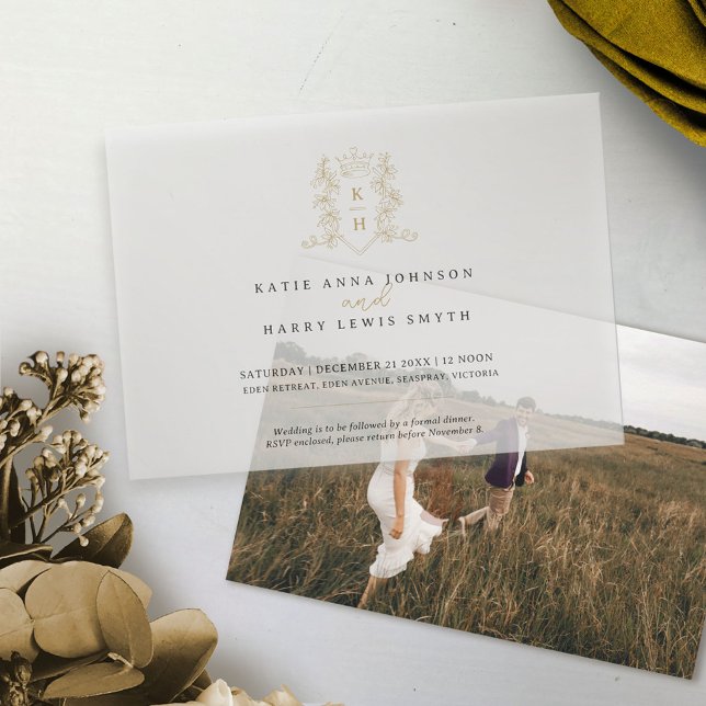 Monogram crest heart crown white gold wedding  vellum invitations (Creator Uploaded)