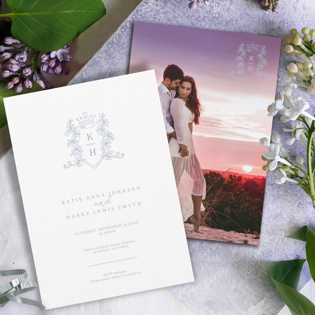 Monogram crest heart crown white silver wedding invitation (Creator Uploaded)